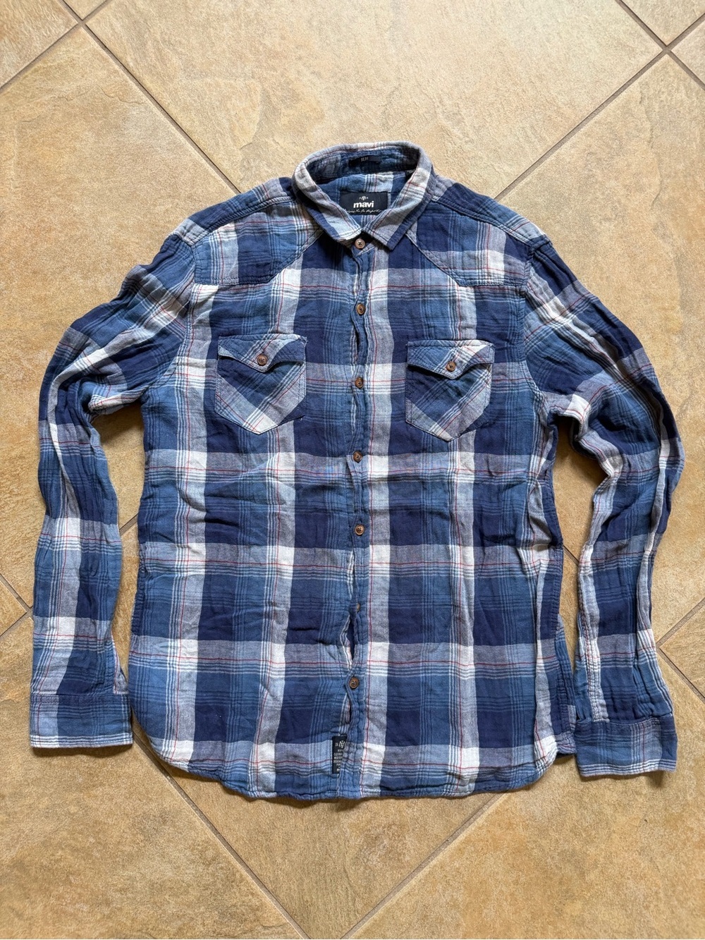 Mavi Men's Navy and White Plaid Button-Down Shirt